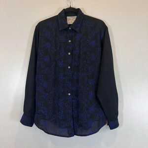 Wranglers Western Wear for Women Vintage Black Blouse Blue Embroidery VTG XL